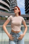 Kadın Bej Kısa Kollu Drapeli Tül Detaylı Bluz (zck0663)