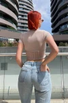 Kadın Bej Kısa Kollu Drapeli Tül Detaylı Bluz (zck0663)