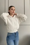 Kadın Ekru Pamuk Şardonlu Fermuarlı Sweatshirt (zck0717)