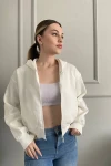 Kadın Ekru Pamuk Şardonlu Fermuarlı Sweatshirt (zck0717)