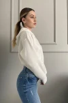 Kadın Ekru Pamuk Şardonlu Fermuarlı Sweatshirt (zck0717)