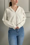 Kadın Ekru Pamuk Şardonlu Fermuarlı Sweatshirt (zck0717)