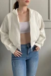 Kadın Ekru Pamuk Şardonlu Fermuarlı Sweatshirt (zck0717)