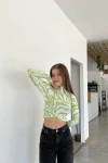Kadın Fıstık Yeşili Balıkçı Yaka Asimetrik Desenli Bluz (zck0544)