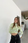 Kadın Fıstık Yeşili Balıkçı Yaka Asimetrik Desenli Bluz (zck0544)