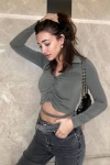 Kadın Haki Beli Dolamalı Sandy Bluz Gömlek (zck0401)