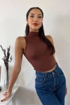 Kadın Kahverengi Balıkçı Yaka Kolsuz Bluz (zck0707)