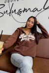 Kadın Kahverengi Baskılı Fermuarlı Kapüşonlu Sweatshirt (zck0713)