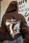 Kadın Kahverengi Baskılı Fermuarlı Kapüşonlu Sweatshirt (zck0713)