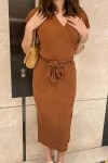 Kadın Kahverengi Kruvaze Yaka Yırtmaçlı Elbise (zck0429)