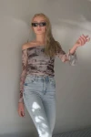 Kadın Gri Kolları Tül Astarlı Bluz (zck0745)