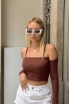 Kadın Kahverengi Madonna Yaka Parçalı Kol Fitilli Crop Bluz (zck0554)