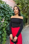 Kadın Siyah Kayık Yaka Uzun Kol Bluz (zck0733)
