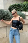 Kadın Siyah Varaklı Straplez Crop Bluz (zck0764)