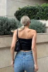 Kadın Siyah Varaklı Straplez Crop Bluz (zck0764)