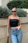 Kadın Siyah Varaklı Straplez Crop Bluz (zck0764)