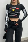 Kadın Siyah Yarış Bakılı Uzun Kol Crop T-Shirt (zck0768)