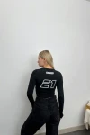 Kadın Siyah Yarış Bakılı Uzun Kol Crop T-Shirt (zck0768)