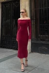 Kadın Bordo Sakallı Madonna Yaka Uzun Elbise (ZCKTY044)