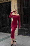 Kadın Bordo Sakallı Madonna Yaka Uzun Elbise (ZCKTY044)