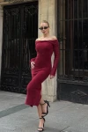 Kadın Bordo Sakallı Madonna Yaka Uzun Elbise (ZCKTY044)