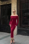 Kadın Bordo Sakallı Madonna Yaka Uzun Elbise (ZCKTY044)