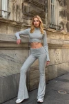 Kadın Gri Crop Bluz Bel Katlamalı Yumoş İspanyol Paça Takım (ZCKSA0350)