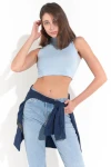 Kadın Bebe Mavisi Balıkcı Yaka Sıfır Kol Crop Büstiyer (ZCK0137)