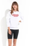 Beyaz Ön Arka Stranger Baskılı Oversize Sweatshirt (ZCK0126)