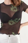 Siyah Kısa Kollu Yeşil Ejderha Baskılı Tül Bluz (ZCK0274)
