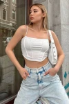 Kadın Ekru İp Askılı Ters Dikiş Detaylı Crop Bluz (zck0657)