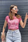 Kadın Fuşya Baskılı Tül Bluz (BS012)