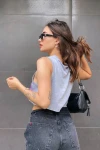 Kadın Gri Baskılı Crop Tshirt (zck0465)