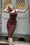 Kadın Kahverengi Vücuda Oturan Pencere/Cut Out Detaylı Askılı Elbise (zck0673)