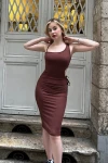 Kadın Kahverengi Vücuda Oturan Pencere/Cut Out Detaylı Askılı Elbise (zck0673)