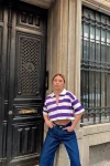 Kadın Mor Çizgili Polo Yaka Kısa Kollu Triko Bluz (zck0652)