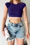 Kadın Mor Kısa Kollu Basic Crop Tshirt (zck0685)