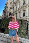 Kadın Pembe Çizgili Polo Yaka Kısa Kollu Triko Bluz (zck0652)