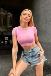 Kadın Pembe Kısa Kollu Basic Crop Tshirt (zck0685)
