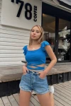 Kadın Saks Mavisi Bel Dolamalı Fırfır Detaylı Bluz (zck0460)