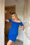 Kadın Saks Mavisi Madonna Yaka Kaşkorse Mini Elbise (zck0514)