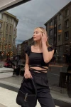 Kadın Siyah Bel Dolamalı Fırfır Detaylı Bluz (zck0460)