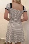 Kadın Siyah Beyaz Çizgili Madonna Yaka Kaşkorse Mini Elbise (zck0514)