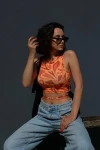 Kadın Turuncu Desenli Bel Dolamalı Bluz (zck0475)