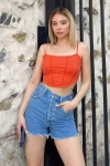 Kadın Turuncu İp Askılı Ters Dikiş Detaylı Crop Bluz (zck0657)