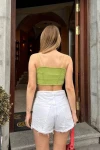 Kadın Yağ Yeşili İp Askılı Ters Dikiş Detaylı Crop Bluz (zck0657)