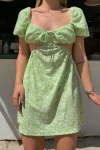Yeşil Çiçek Baskılı Mini Elbise (zck0503)