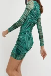 Yeşil Desenli Büzgülü Bodycon Elbise (zck0378)