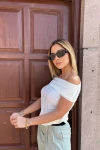 Kadın Beyaz Kayık Yaka Kısa Kollu Bluz (zck0794)