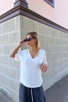 Beyaz Modal Kumaş V Yaka Basic T-shirt (zck0790)